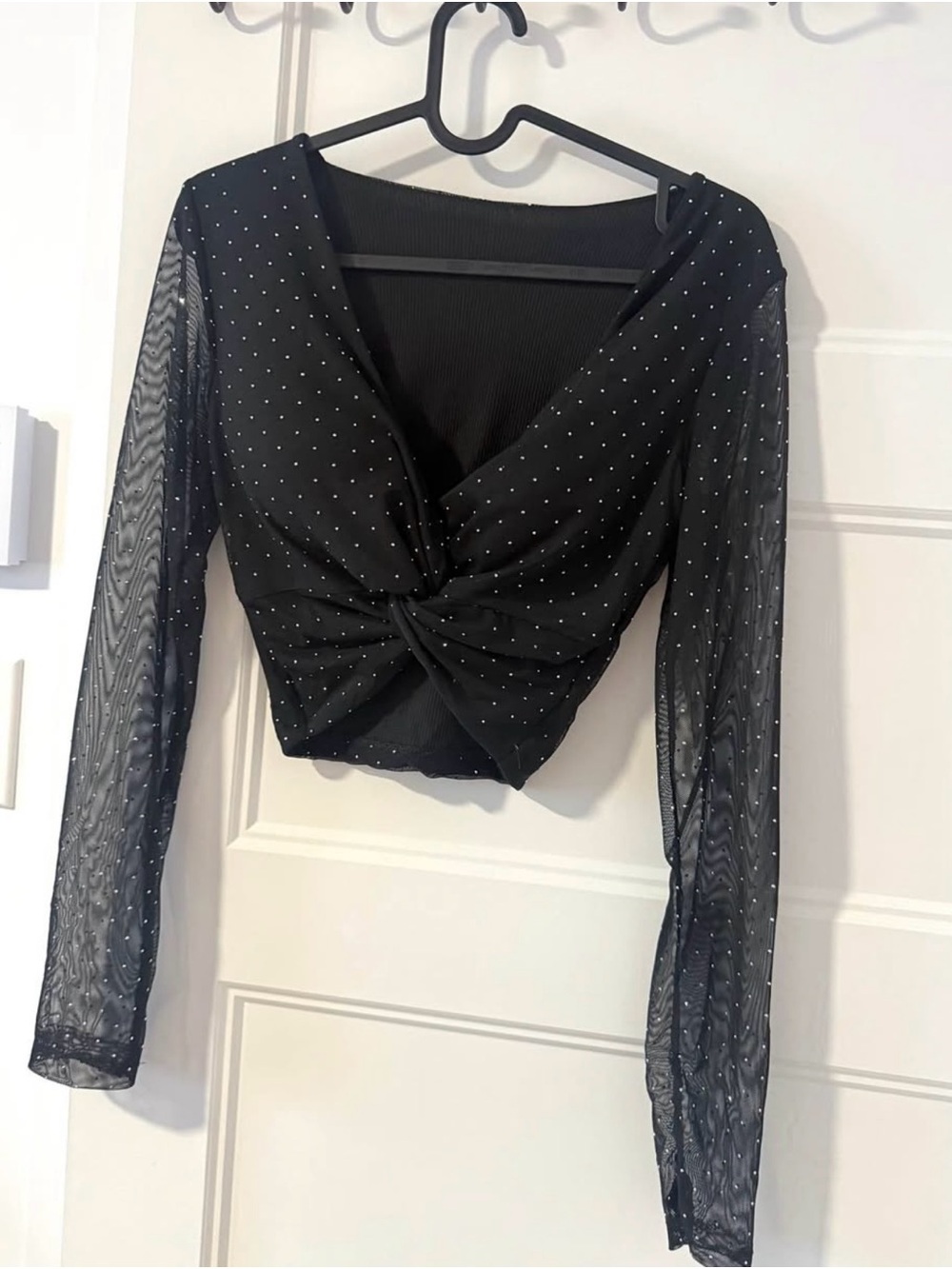 Black Twisted Front Mesh Long-Sleeve Crop Top